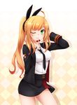 ;) ahoge aquila_corporation arm_behind_back blonde_hair cherry food fruit green_eyes hand_behind_head healther highres jacket long_hair looking_at_viewer mouth_hold necktie one_eye_closed open_clothes open_jacket original ponytail skirt smile solo uniform 