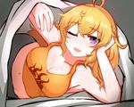  blonde_hair blush breasts cleavage deviantart_sample hand_on_own_head image_sample large_breasts long_hair ndgd one_eye_closed purple_eyes rwby solo under_covers yang_xiao_long 