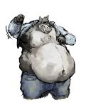  anthro aokmaidu belly belly_overhang big_belly canine clenched_teeth clothed clothing deep_navel double_chin fur getting_dressed grey_fur jeans male mammal moobs navel nipples obese obese_male open_shirt overweight overweight_male pants simple_background solo teeth white_background wolf 