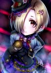  bad_id bad_pixiv_id belt black_gloves blonde_hair blush dress ear_piercing gloves hair_ornament hair_over_one_eye hat highres idolmaster idolmaster_cinderella_girls looking_at_viewer microphone parted_lips piercing red_eyes shirasaka_koume short_hair smile solo top_hat yummy_yoi 