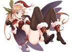  ;o bikini black_gloves black_legwear blonde_hair bobblehat boots breasts brown_footwear cape christmas clarisse_(granblue_fantasy) elbow_gloves full_body fur-trimmed_boots fur_boots fur_trim fuyuzora gloves granblue_fantasy green_eyes hair_ornament hand_to_own_mouth hat heart long_hair looking_at_viewer midriff one_eye_closed ponytail red_bikini red_cape santa_hat simple_background small_breasts solo swimsuit thighhighs thighs white_background 