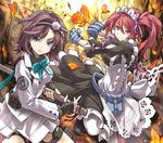  7th_dragon_(series) 7th_dragon_iii aqua_bow aqua_eyes belt black_dress bow brown_gloves brown_hair dress expressionless fingerless_gloves gauntlets gloves god-hand_(7th_dragon) hair_between_eyes highres lolita_fashion long_sleeves looking_at_viewer maid multiple_girls pantyhose parted_lips pink_eyes red_hair samurai_(7th_dragon_iii) sheath shirosa shoes smile unsheathed unsheathing white_legwear 