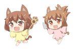  :d alternate_costume animal_ears barefoot brown_eyes brown_hair commentary_request fang folded_ponytail full_body hair_ornament hairclip holding ikazuchi_(kantai_collection) inazuma_(kantai_collection) kantai_collection kotanu_(kotanukiya) long_hair multiple_girls open_mouth outstretched_arms ponytail short_hair simple_background sleeves_past_wrists smile spread_arms tail white_background younger 