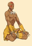  abs ankle_wrap bald bandages barefoot bracelet crossed_legs dark_skin dark_skinned_male dhalsim earrings facepaint full_body jewelry lotus_position male_focus meditation muscle nigou no_pupils shirtless simple_background skull_necklace solo street_fighter street_fighter_ii_(series) wrist_wrap yoga 