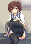  absurdres black_legwear blush brown_eyes brown_hair feet hand_on_own_knee highres japanese_clothes kaga_(kantai_collection) kantai_collection looking_at_viewer muneate no_shoes open_mouth pleated_skirt pov_feet short_hair side_ponytail skirt solo thighhighs towamin zettai_ryouiki 
