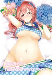  arm_up bare_shoulders bed_sheet blush breasts cheerleader choker commentary_request cover cover_page covered_nipples doujin_cover flower groin hair_flower hair_ornament hydrangea kazuo_daisuke large_breasts long_hair looking_at_viewer lying navel nishizono_honoka on_back pink_eyes pink_hair plaid pom_poms shiny shiny_skin sleeveless smile solo tokyo_7th_sisters underboob 