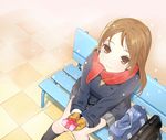  bad_id bad_pixiv_id bag bench brown_eyes brown_hair from_above kneehighs long_hair mittens original red_scarf ryou_(effort) scarf school_bag skirt smile snowing solo valentine winter_clothes 