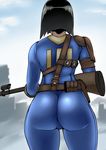  ass ass_focus black_hair bob_cut bodysuit facing_away fallout fallout_4 from_behind gun highres kizaru mature rifle short_hair skin_tight sole_survivor_(female) solo vault_suit weapon 