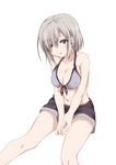 absurdres alternate_costume bikini_top blue_eyes breasts hair_over_one_eye hamakaze_(kantai_collection) highres ippachi kantai_collection large_breasts short_hair shorts silver_hair sitting solo 