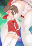  ass bad_id bad_pixiv_id brown_eyes brown_hair cameltoe commentary_request crotch_seam dress embarrassed from_below hat highres kantai_collection long_hair looking_at_viewer mtu_virus multiple_views off_shoulder open_mouth panties pantyshot ryuujou_(kantai_collection) santa_costume santa_hat satou_pikuta short_dress thighhighs thighs twintails underwear white_legwear white_panties 