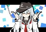  anchor_symbol blush closed_eyes flat_cap hair_between_eyes hands_up hat hibiki_(kantai_collection) horosho kantai_collection kisaragi_yuu_(re:lucks) long_hair long_sleeves neckerchief school_uniform serafuku sigh silver_hair solo translated upper_body white_hair 