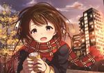  blush brown_hair building can cityscape cloud holding holding_can jacket long_hair long_sleeves looking_at_viewer open_mouth original plaid plaid_scarf purple_eyes scarf sky skyscraper smile solo sparkle sunset takeashiro tree wind 