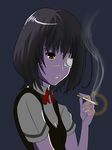  another black_hair breasts eyepatch highres looking_at_viewer misaki_mei open_mouth pale_skin red_eyes ribbon school_uniform short_hair smoking solo 