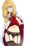  black_panties blonde_hair blush brown_gloves embarrassed exhibitionism final_fantasy final_fantasy_tactics garter_belt gloves greenmarine hair_over_shoulder highres hood hood_down long_hair looking_away low_twintails navel panties robe robe_lift solo thigh_gap thighhighs twintails underwear white_mage white_mage_(fft) 