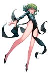  :o bare_legs black_dress breasts curly_hair dress from_below full_body green_eyes green_hair long_sleeves looking_at_viewer looking_down no_panties odibil one-punch_man open_mouth short_hair side_slit simple_background small_breasts solo tatsumaki white_background wind wind_lift 