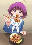  ahoge bangs blunt_bangs blush broccoli chopsticks eating eyebrows_visible_through_hair feeding food fried_chicken fruit koufuku_graffiti lemon long_sleeves looking_at_viewer morino_kirin nigou open_mouth pov_feeding purple_eyes purple_hair school_uniform serafuku short_hair solo table twintails upper_body 