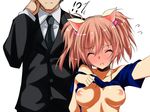  1boy 1girl :&lt; animal_ears bare_shoulders blush bow breasts buttons cat_ears choker closed_eyes collarbone fake_animal_ears formal fukuyama_naoto full-face_blush hair_bow hairband highres idolmaster idolmaster_cinderella_girls jougasaki_mika long_hair long_sleeves medium_breasts necktie nipples pink_hair producer_(idolmaster_cinderella_girls_anime) shirt_lift short_hair short_sleeves simple_background twintails upper_body white_background 