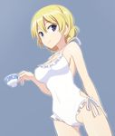 ass_visible_through_thighs blonde_hair blue_eyes braid breasts caryo casual_one-piece_swimsuit cup darjeeling drink frilled_swimsuit frills girls_und_panzer looking_at_viewer medium_breasts nanashino one-piece_swimsuit purple_eyes side-tie_swimsuit smile solo swimsuit teacup thigh_gap thighs white_swimsuit 