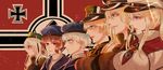  anno88888 bismarck_(kantai_collection) breasts flag_background graf_zeppelin_(kantai_collection) group_picture group_profile hat highres iron_cross kantai_collection large_breasts light_particles lineup multiple_girls nazi_war_ensign odd_one_out prinz_eugen_(kantai_collection) profile u-511_(kantai_collection) upper_body z1_leberecht_maass_(kantai_collection) z3_max_schultz_(kantai_collection) 