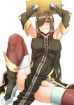  armpits bare_shoulders bdsm blue_eyes boots brown_hair clenched_teeth commentary_request elbow_gloves gloves hair_over_one_eye high_heels long_hair looking_at_viewer shunzou simple_background solo spread_legs stocks sweat tales_of_(series) tales_of_the_abyss tear_grants teeth thighhighs very_long_hair white_background 