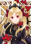  1girl absurdres art_nouveau ayamu_(igakato) black_dress blonde_hair commentary_request dress earrings ereshkigal_(fate/grand_order) fate/grand_order fate_(series) hair_ribbon highres infinity jewelry light_blush long_hair looking_at_viewer red_eyes red_ribbon ribbon smile solo tiara 