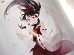  ascot black_eyes black_hair bow detached_sleeves dress gohei hair_bow hair_tubes hakurei_reimu long_hair long_sleeves looking_at_viewer red_dress shihou_(g-o-s) solo spell_card touhou wide_sleeves 