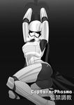  armor ass bdsm bondage bound bound_wrists breastplate cape captain_phasma character_name cuffs darkmaya greyscale heavy_breathing helmet looking_at_viewer monochrome science_fiction shackles solo spoilers star_wars star_wars:_the_force_awakens stormtrooper 