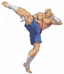  abs bald bandages barefoot chest_scar clothes_writing eyepatch full_body grin hand_wraps heel_raised high_kick highres kicking male_focus motion_blur muay_thai muscle nigou sagat scar shirtless shorts simple_background smile solo street_fighter street_fighter_ii_(series) white_background 