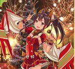  \m/ antlers bell black_hair blush boots bow bracer brown_eyes choker christmas christmas_tree covered_navel dress hair_tubes hairband idol long_hair looking_at_viewer microphone nephthys_(p&amp;d) piza_rokumai ponytail puffy_short_sleeves puffy_sleeves puzzle_&amp;_dragons short_sleeves smile solo standing standing_on_one_leg 