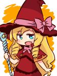  1girl :d bangs blonde_hair blue_eyes blush bow capelet chibi doctor_magus dress drill_hair eyebrows_visible_through_hair fang hat hat_bow holding holding_staff long_hair looking_at_viewer naga_u open_mouth orange_background pink_bow red_capelet red_dress red_hat sekaiju_no_meikyuu sidelocks smile solo staff two-tone_background upper_body very_long_hair white_background witch_hat 