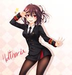  aquila_corporation brown_hair brown_legwear character_name contrapposto double_w fang healther looking_at_viewer necktie open_mouth original pantyhose red_eyes skirt solo standing star sweatdrop v_over_eye w 