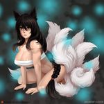  ahri all_fours animal_ears areola_slip areolae black_hair bottomless braid breasts brown_eyes budget_sarashi cleavage commentary fox_ears fox_tail full_body gao_(gaolukchup) highres kneeling large_breasts league_of_legends long_hair multiple_tails patreon_logo patreon_username revision sarashi single_braid solo tail underboob very_long_hair watermark web_address whiskers 