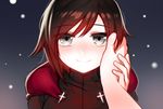  black_hair blush cape grey_eyes hand_on_another's_face hood looking_at_viewer ndgd night pov ruby_rose rwby short_hair snow solo_focus 