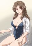  breasts brown_hair cleavage collarbone covered_nipples kuroda_akimi labcoat large_breasts long_hair looking_at_viewer mature smile solo soukyuu_no_fafner swimsuit swimsuit_under_clothes toomi_chizuru 