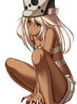  arm_support beltbra blonde_hair breasts dark_skin guilty_gear guilty_gear_xrd hat highres jitome long_hair looking_away ramlethal_valentine short_shorts shorts small_breasts solo takanashi-a thighs triangle_mouth underboob 