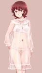  babydoll bra brown_background brown_hair embarrassed highres lafolie long_sleeves matsuoka_keiko navel oldschool puffy_long_sleeves puffy_sleeves see-through short_hair simple_background solo underwear very_short_hair white_bra wingman 