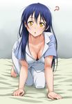  :o ? all_fours alternate_costume barefoot bed bed_sheet blue_eyes breasts cleavage collarbone downblouse long_hair looking_at_viewer love_live! love_live!_school_idol_project medium_breasts nigou open_mouth pajamas solo sonoda_umi sweat yellow_eyes 