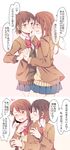  blazer blush brown_eyes brown_hair cardigan comic hachiko_(hati12) hand_on_another's_cheek hand_on_another's_face highres interlocked_fingers jacket long_hair looking_at_another multiple_girls one_eye_closed open_mouth original school_uniform short_hair skirt smile sweatdrop tongue tongue_out translated yuri 