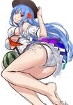  absurdres ass bad_id bad_pixiv_id barefoot bikini blue_hair breasts food fruit hat highres hinanawi_tenshi large_breasts long_hair looking_at_viewer neropaso open_clothes open_mouth open_shirt red_eyes shirt side-tie_bikini sketch solo swimsuit touhou underboob very_long_hair watermelon white_bikini 