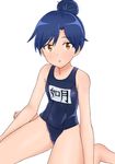  bad_id bad_pixiv_id blue_hair brown_eyes flat_chest hair_bun highres idolmaster idolmaster_(classic) kisaragi_chihaya one-piece_swimsuit school_swimsuit short_hair sitting solo swimsuit tsuntsun_(oekaki972) wariza 