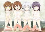  akatsuki_(kantai_collection) aqua_eyes barefoot bathroom bell_(oppore_coppore) blush brown_eyes brown_hair collarbone commentary_request fang feet folded_ponytail foreshortening hibiki_(kantai_collection) ikazuchi_(kantai_collection) inazuma_(kantai_collection) kantai_collection looking_at_viewer multiple_girls naked_towel one_eye_closed open_mouth purple_eyes purple_hair see-through shaded_face silver_hair sitting smile soles sparkle steam toes towel v_arms wet_towel white_towel yellow_eyes 