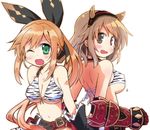  :d alternate_costume animal_print armor bare_shoulders belt bikini_top black_gloves blush breasts brown_eyes brown_hair clarisse_(granblue_fantasy) djeeta_(granblue_fantasy) fake_horns gauntlets gloves granblue_fantasy green_eyes hair_ornament hair_ribbon hairband large_breasts light_brown_hair long_hair looking_at_viewer looking_back multiple_girls navel ogre_(granblue_fantasy) one_eye_closed oni_horns open_mouth ponytail ribbon short_hair simple_background smile white_background yuuhi_alpha zebra_print 