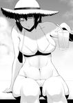  bare_shoulders bifidus breasts cleavage drinking_straw greyscale hat hyuuga_(kantai_collection) kantai_collection large_breasts looking_at_viewer monochrome navel parted_lips short_hair sitting solo straw_hat thighs 