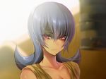  blue_hair blurry breasts cleavage collarbone commentary_request depth_of_field expressionless hizuki_akira long_hair looking_at_viewer natsume_(pokemon) pokemon pokemon_(game) pokemon_hgss red_eyes shaded_face small_breasts solo upper_body 