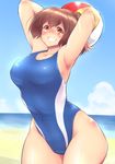  armpits arms_up ball beach beachball bifidus breasts brown_hair competition_swimsuit grin huge_breasts ise_(kantai_collection) kantai_collection looking_at_viewer one-piece_swimsuit red_eyes short_hair smile solo swimsuit thighs wide_hips 