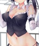  bare_shoulders black_hair breasts cleavage covered_nipples crop_top elbow_gloves frilled_gloves frills gloves head_out_of_frame large_breasts midriff mokufuu navel original out_of_frame panties side-tie_panties side_ponytail smile solo stomach underwear 