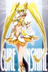  bag blonde_hair boots bow breasts character_name choker cure_sunshine earrings fanny_pack hair_ribbon heart heartcatch_precure! highres jewelry knee_boots long_hair looking_at_viewer magical_girl medium_breasts midriff miniskirt myoudouin_itsuki navel orange_choker precure puffy_short_sleeves puffy_sleeves raisuta ribbon short_sleeves skirt smile solo twintails underboob very_long_hair wrist_cuffs yellow_bow yellow_eyes 