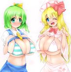  between_breasts bikini_top blonde_hair blue_eyes blush bow breasts daiyousei fairy_wings green_eyes green_hair hair_bow hat huge_breasts hydrant_(kasozama) lily_white long_hair multiple_girls necktie necktie_between_breasts one_eye_closed open_mouth shirt_lift short_hair side_ponytail smile touhou wings 