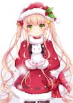  :o amashiro_natsuki bangs bell black_bow black_legwear blonde_hair blush bow choker christmas cowboy_shot dress eyebrows eyebrows_visible_through_hair fur_trim green_eyes hair_bell hair_bow hair_ornament hat holly long_hair long_sleeves looking_at_viewer mittens original pantyhose red_bow red_dress red_hat santa_costume santa_hat snow snow_cat snowing solo star star_hair_ornament twintails very_long_hair 