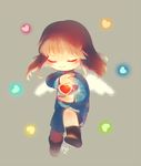  ankle_boots blush blush_stickers boots brown_footwear brown_hair closed_eyes frisk_(undertale) full_body glint glowing grey_background hanybe heart shirt short_hair shorts signature simple_background smile solo striped striped_shirt undertale white_wings wings 